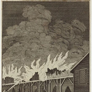 View of the temporary bridge of London as it appeared on fire on the night of 11 April 1758 (engraving)