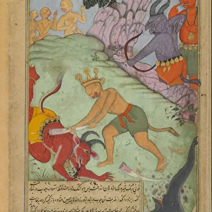Vol. 2 fol. 227 Angada strikes down Devantaka with a tusk torn from Mahodara