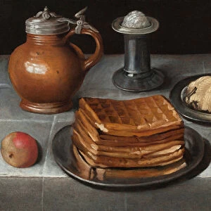 Waffles and butter on pewter plates with an apple, roll, jug, standing salt