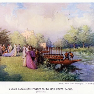 Warwick Pageant, 1906: Queen Elizabeth proceeds to her state barge, Episode X (colour litho)