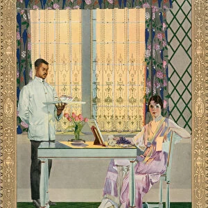 Wealthy Woman Being Served Breakfast in a Fine Mansion, 1919 (lithograph)