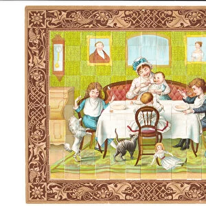 A weaved paper strips picture of children eating with nurse, c. 1880 (colour litho)_