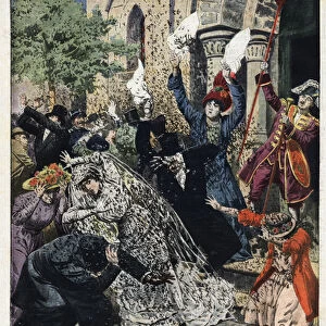 Wedding was attacked by a swarm of bees. Engraving in "Le Petite Journal"