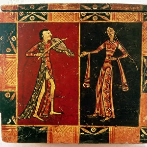 Detail from a wedding chest depicting a musician and a dancer (painted vellum on wood)