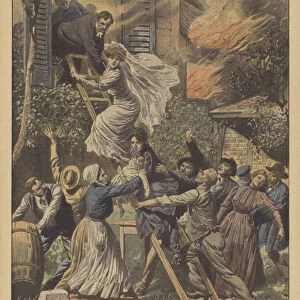 A wedding interrupted by a fire (colour litho)