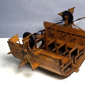 Wheeled propulsion boat. Model from the drawing of Leonardo da Vinci (Leonardo da Vinci)