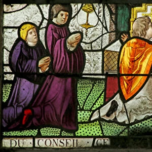 Window depicting a family of donors attending the Mass (stained glass)