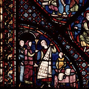 Detail of a window depicting fur traders and drapers, from the north ambulatory