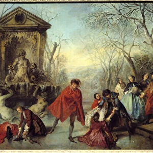 Winter Skating on a gele lake. Painting by Nicolas Lancret (1690-1743) 1738 Sun