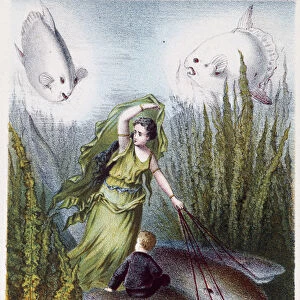 A woman and a boy fleeing giant fish on sharks - in "