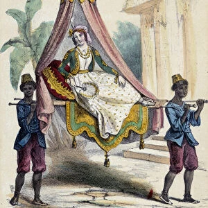A woman carried in a palanquin by 2 servants; illustration for Asia