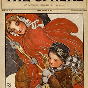 Woman and child in the snow (colour litho)
