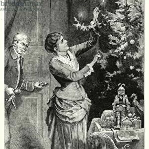 Woman decorating a Christmas tree (engraving)