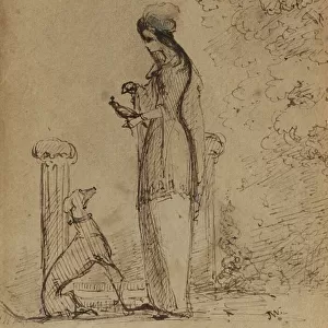 A Woman with a Dog and Bird, c. 1850-51 (pen & ink on light brown paper)