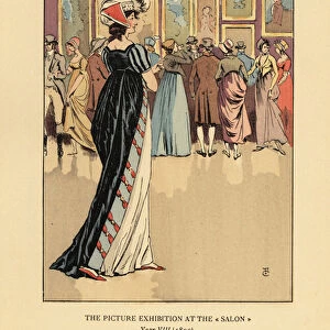 Woman in fashionable dress at the Picture Exhibition at the Paris Salon, Academie des Beaux-Arts, Year VIII, 1800. Handcoloured lithograph by R. V. after an illustration by Francois Courboin from Octave Uzannes Fashion in Paris