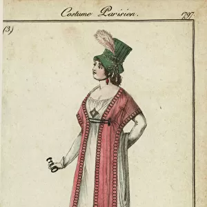 Woman in Spencer hat and clothurne sandals, 1797 (handcoloured copperplate engraving)