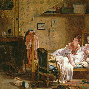 Two Women in a Bed disturbed by a Cat (oil on board)