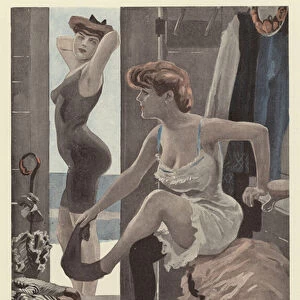 Two women in the changing room at a swimming baths (colour litho)