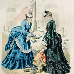 Women and a child feeding the pigeons, from La Mode Illustree