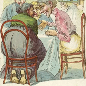 Women exchanging gossip (colour litho)
