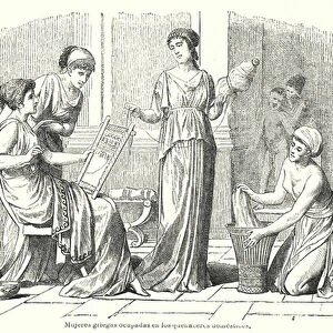Women performing domestic chores in Ancient Greece (litho)