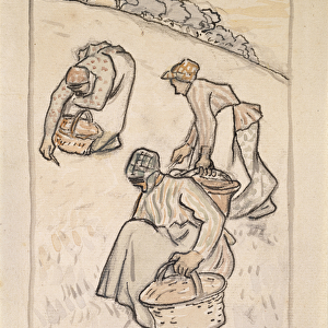Women weeding the grass (pen and Indian ink with w / c over charcoal on paper)