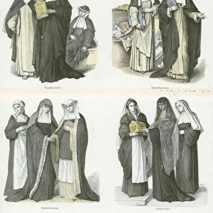 Womens costumes of Christian religious orders, late 18th Century (coloured engraving)