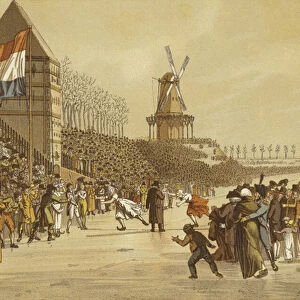 Womens ice skating races, Leeuwarden, Netherlands, 1805 (colour litho)