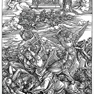 Woodcut by Albrecht Durer; The Battle of the Angels (Four avenging Angels of the Euphrates). The Revelation of Saint John (Apocalypse, VII. Figure)