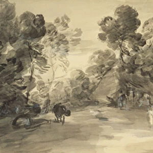 Wooded landscape with figures, cottage and cow, c