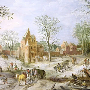 A wooded winter landscape with a cart (panel)