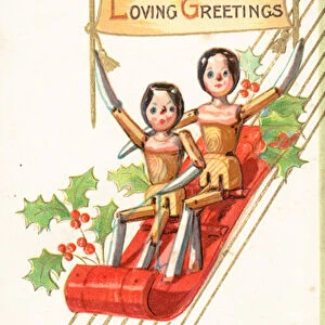 Wooden Dolls Sledging, Christmas Card (chromolitho)