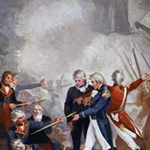 The wounded Spanish Commodore surrendering the San Nicolas to Nelson (colour litho)