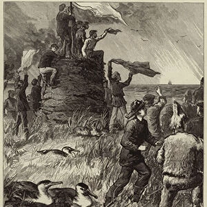 Wreck of the Strathmore on the Crozet Islands, Turf Tower erected by the Survivors, making Signals to a Ship (engraving)