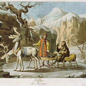 Yakuts of central Siberia in winter landscape, clad in furs and with a reindeer sledge