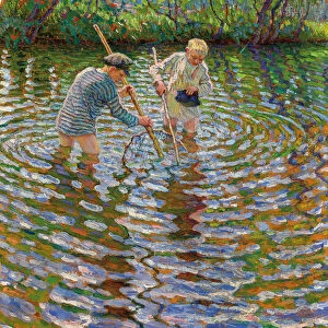Young Boys Fishing for Crayfish, (oil on board)