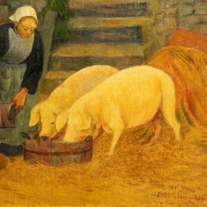 A Young Girl Feeding Two Pigs, 1889 (oil on canvas)