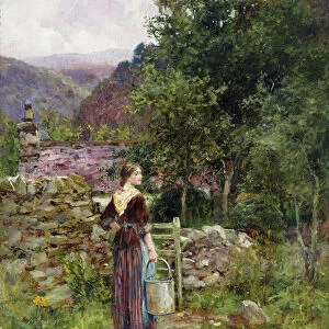 A Young Girl Standing Outside a Cottage Holding a Pail, (oil on canvas board)