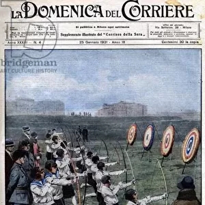 Young Italian girls practice archery. Illustration of Beltrame. La Domenica del Corriere