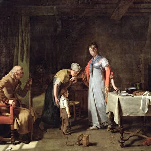 Young Woman Helping an Unfortunate Family (oil on canvas)
