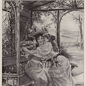 Two young women in an arbour in a garden in summer (litho)