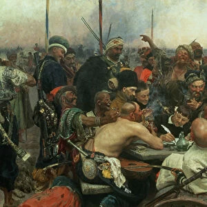The Zaporozhye Cossacks writing a letter to the Turkish Sultan, 1890-91 (oil on canvas)