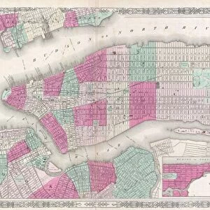 1865, Johnson Map of New York City and Brooklyn, topography, cartography, geography