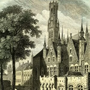 belgium, bruges, palais du franc, palais du justice, 1854, canal, water, woman, bridge