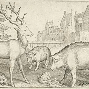 Hart, hedgehog, sheep, pig and frog, Nicolaes de Bruyn, 1594