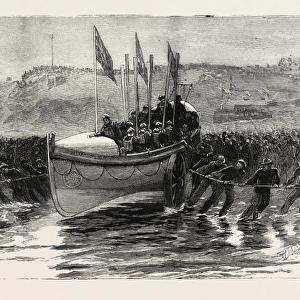 The Launch of a New Lifeboat at Cullercoats Northumberland, Engraving 1884, Uk, Britain