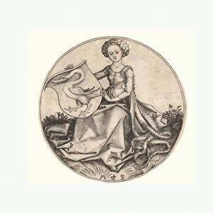 Shield Swan Held Woman 15th century Engraving