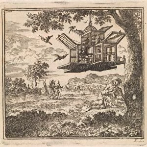 On a tree hangs a birdcage, Jan Luyken, wed. Pieter Arentsz & Cornelis van der Sys (II)