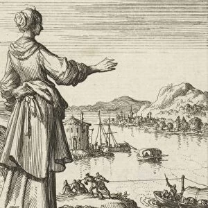 Woman overlooking a bay where a ship is towed, Jan Luyken, Pieter Arentsz II, 1687