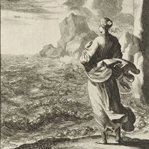 Woman watching from the shore out to sea, Jan Luyken, Pieter Arentsz (II), 1687